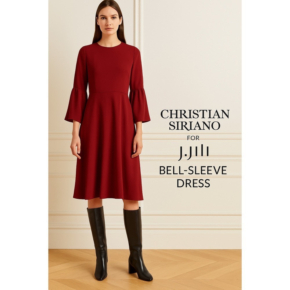 J Jill Christian Siriano Womens Dress 12 Ruby Red Midi Bell Sleeve  A-Line